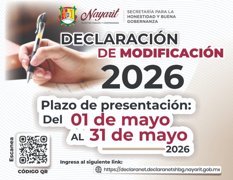 Gobierno del Estado de Nayarit invita a realizar la Declaración Patrimonial y de Intereses de Modificación 2026
